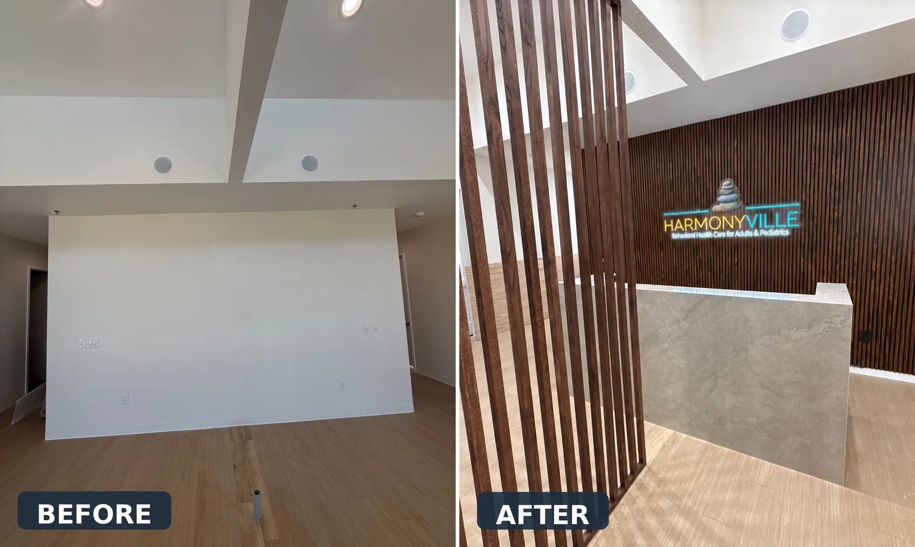 Before and after small-business remodel by i30 Builders.