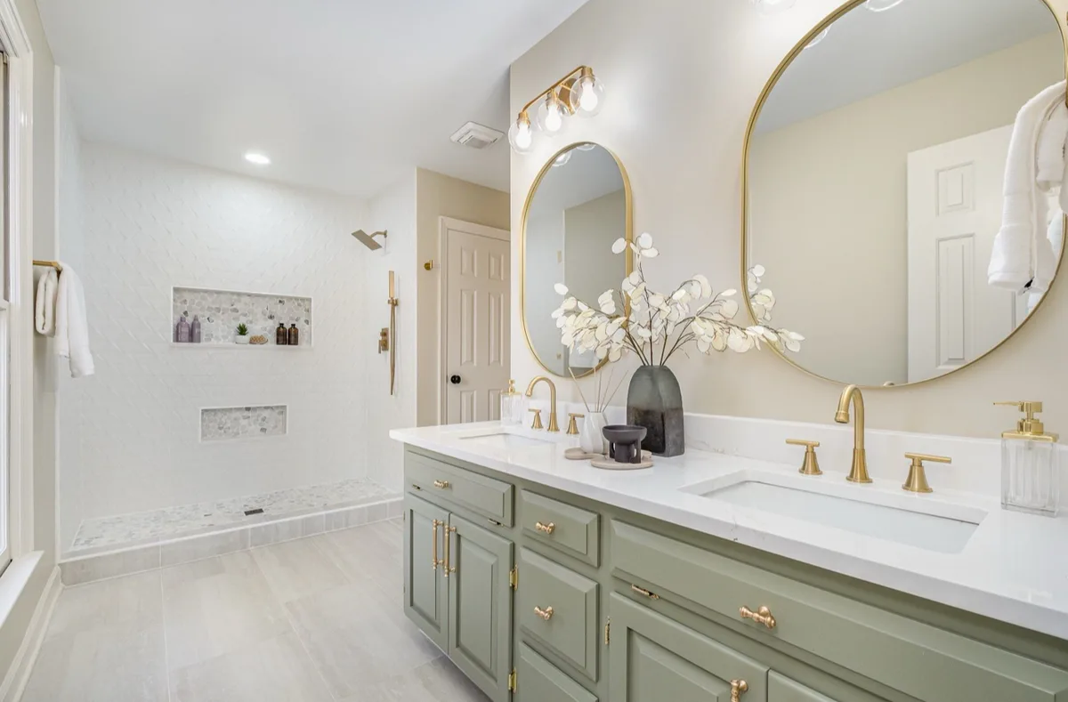 Bathroom remodel, sage vanity and walk-in shower